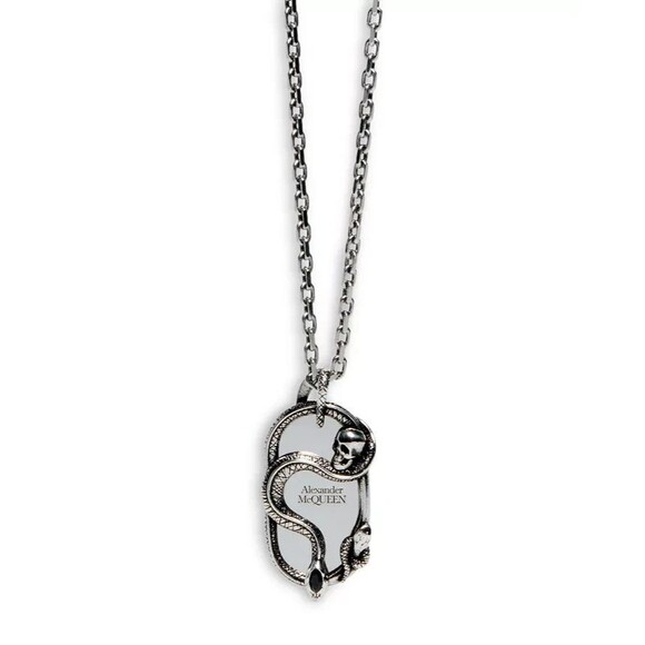 ALEXANDER MCQUEEN Mens Dog Tag Necklace Silver Tone Brass Skull & Snake $590 - Picture 1 of 11